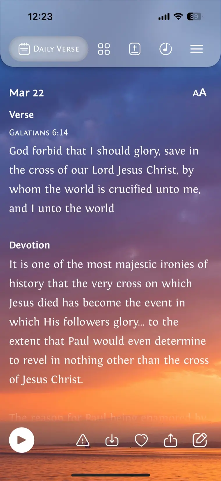The Verse of the Day and devotion screen
